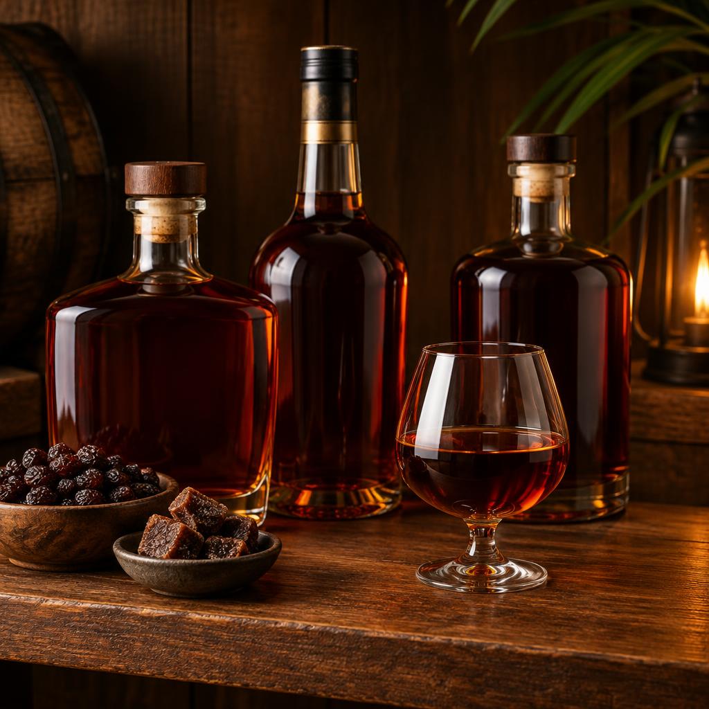 Unbranded dark rum bottles beside a snifter of dark rum with raisins and muscovado sugar