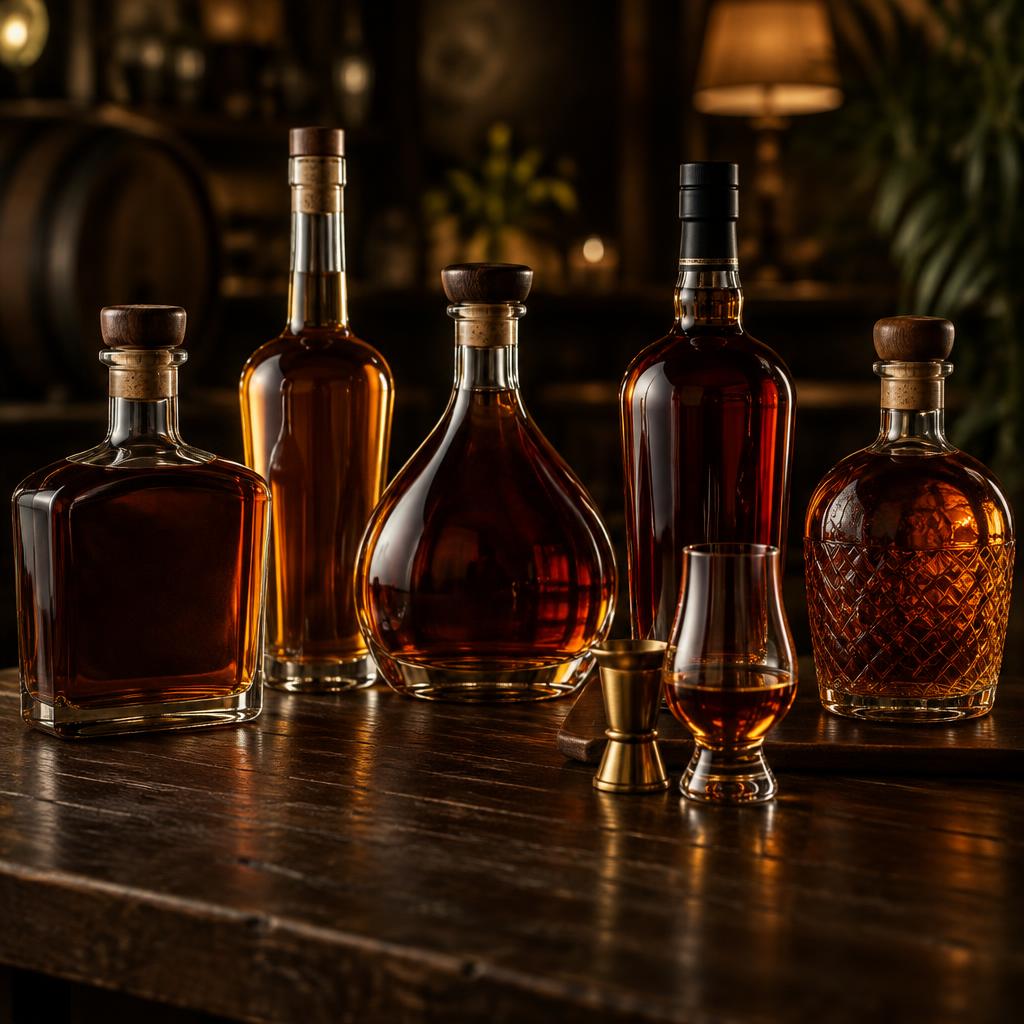 Unbranded premium rum bottles beside a tasting glass on a dark wooden table