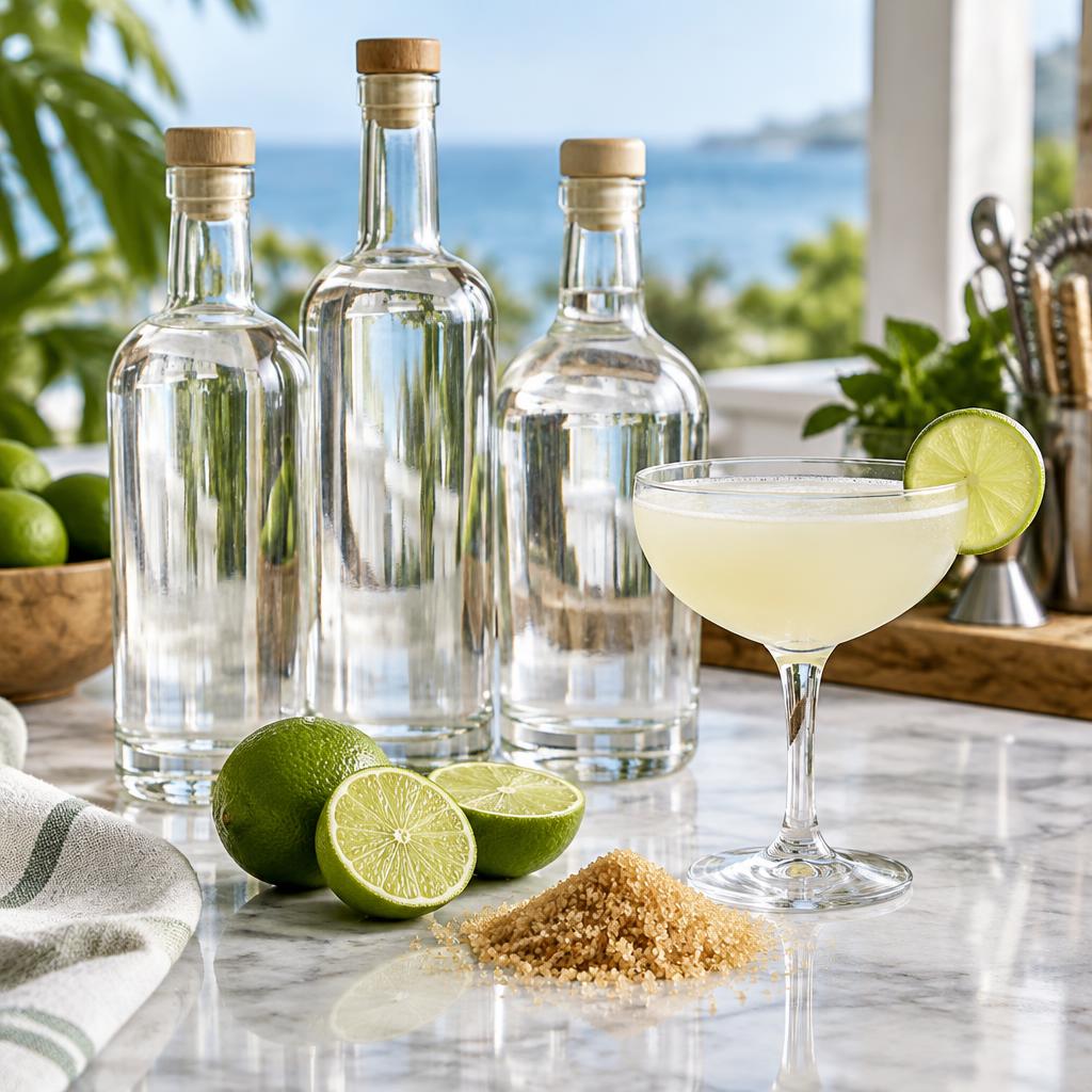Unbranded clear rum bottles beside a pale daiquiri in a coupe with limes and cane sugar