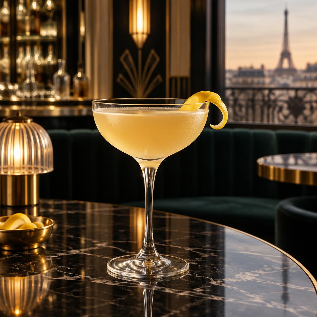 Pale golden Between the Sheets cocktail in a chilled glass with a lemon twist
