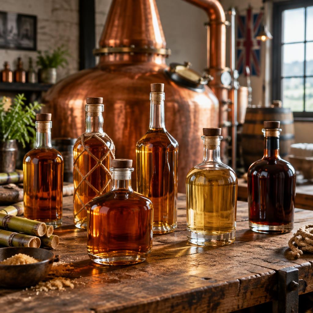Unbranded craft rum bottles on a wooden workbench in front of a copper pot still