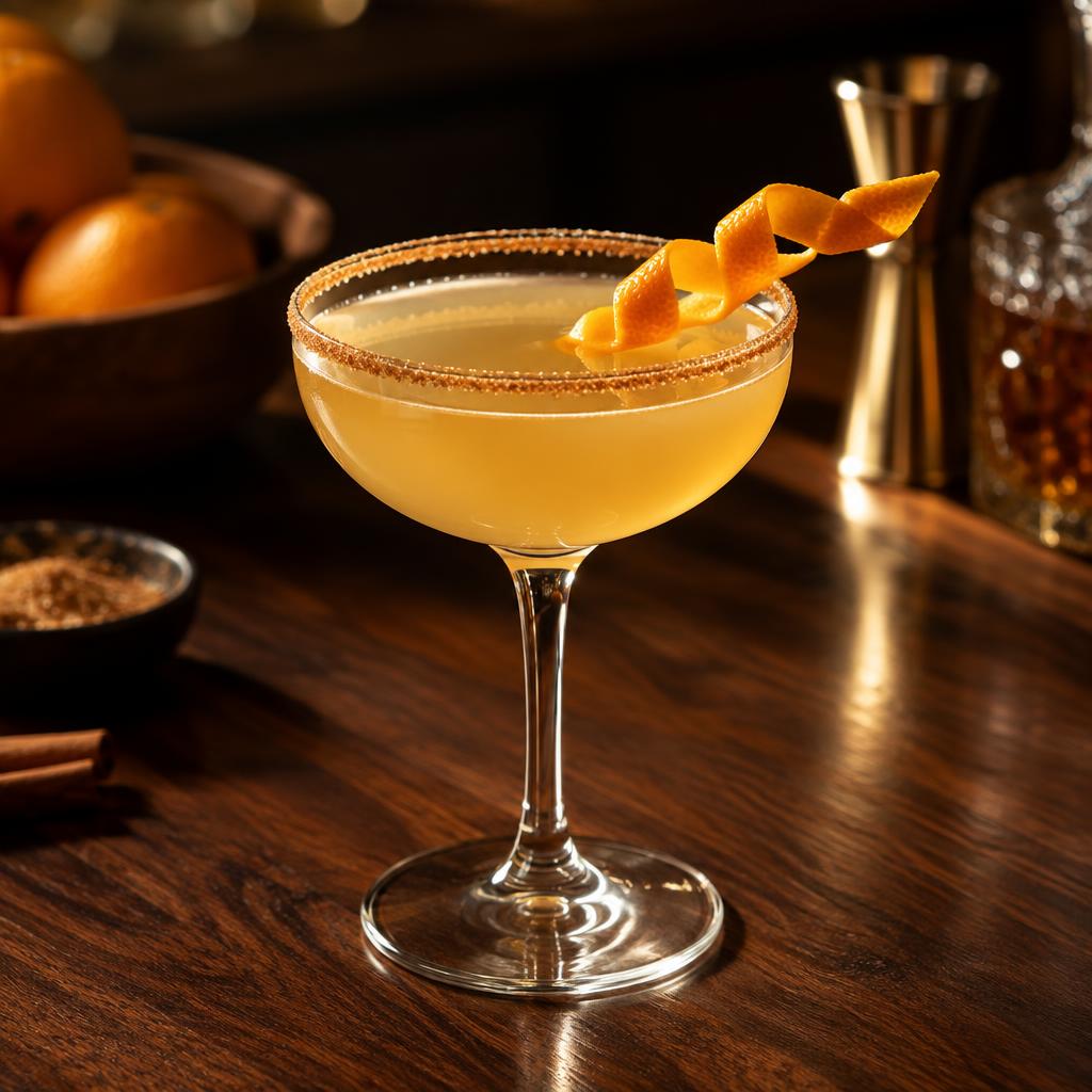 Pale golden Cable Car cocktail in a cinnamon-sugar-rimmed coupe with an orange twist