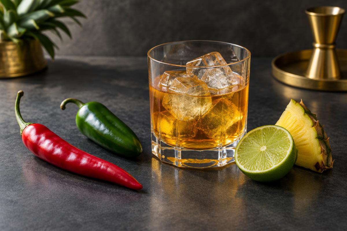 An amber iced drink beside red and green chillies, lime and pineapple