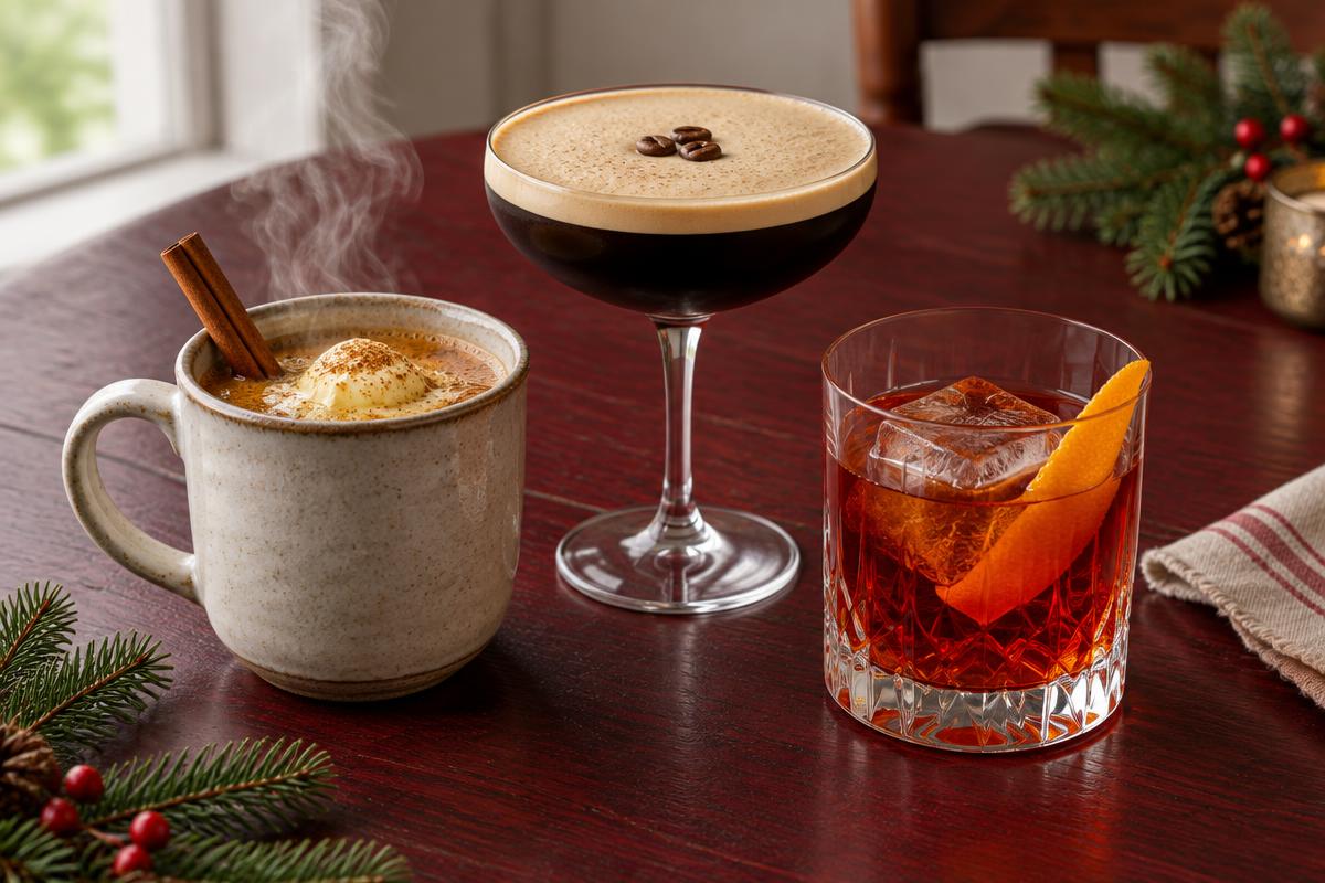 Hot buttered rum, an espresso martini and a rum Negroni on a festive table
