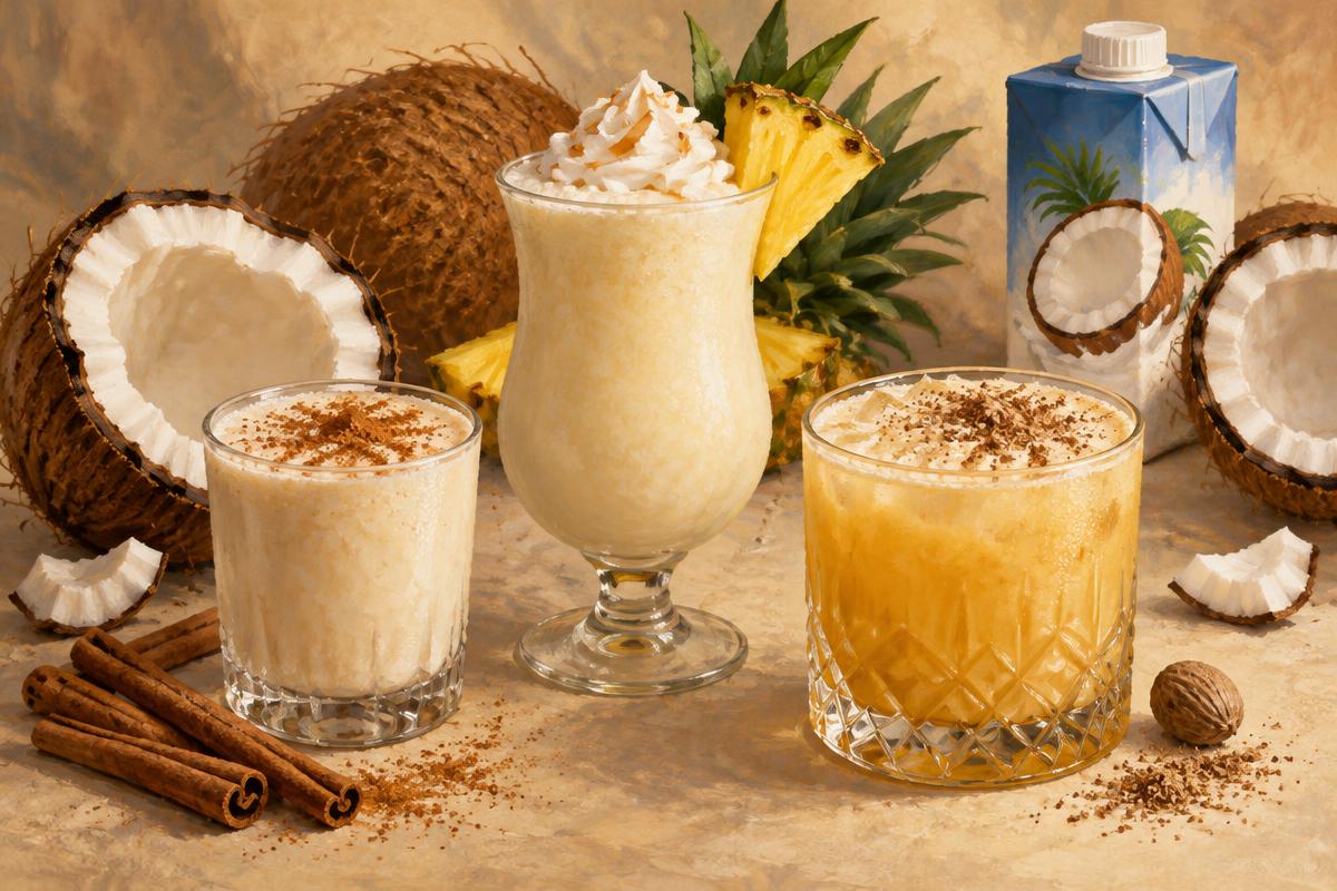 Coconut rum drinks with a coquito, piña colada and nutmeg-topped cocktail beside cracked coconuts and cinnamon