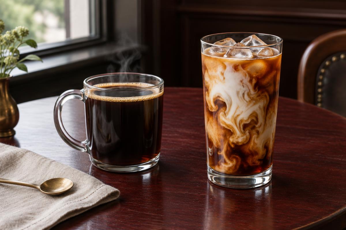Hot black coffee in a handled glass beside iced coffee with milk