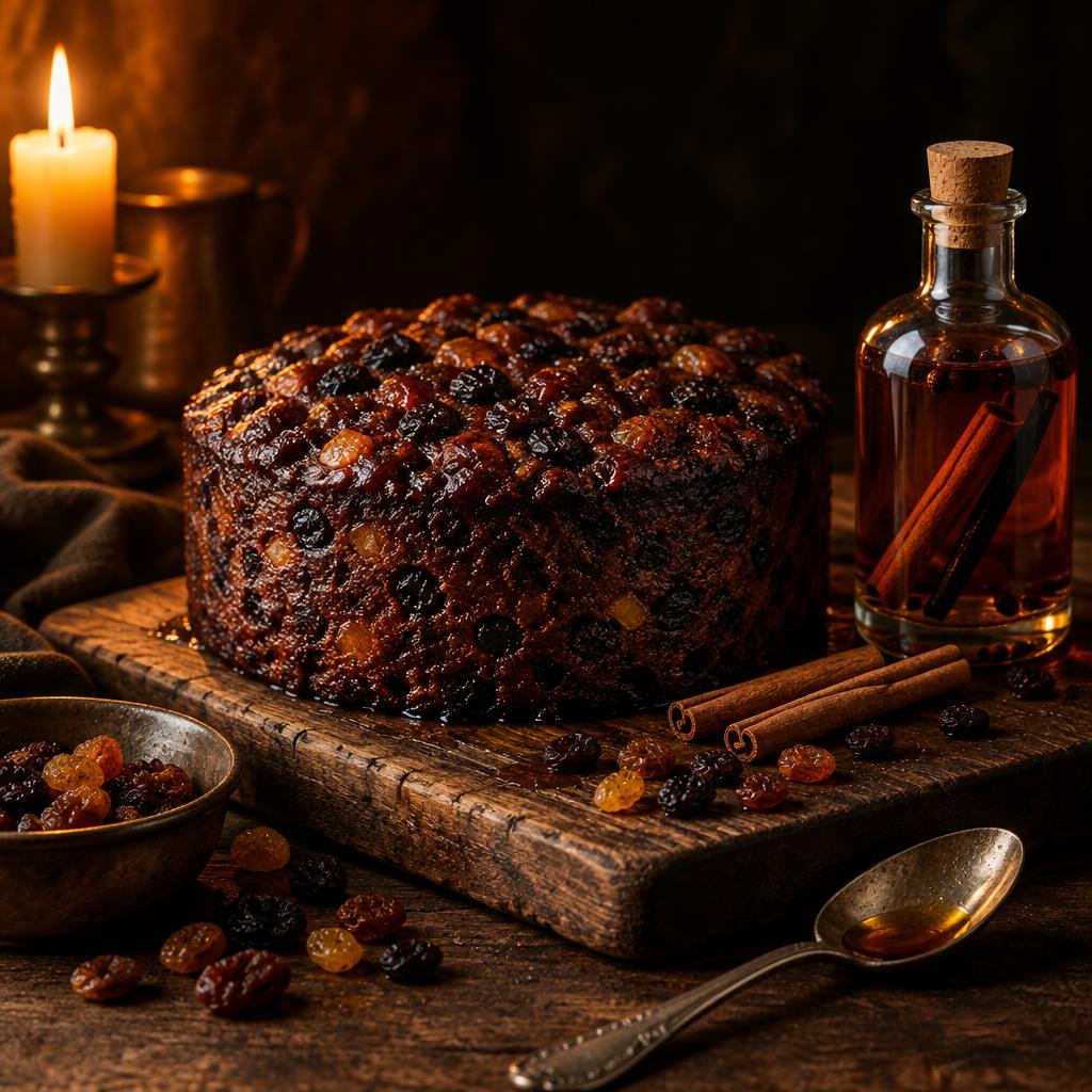 A dark rum-soaked fruit cake beside a bottle of spiced rum, raisins and cinnamon sticks in warm light