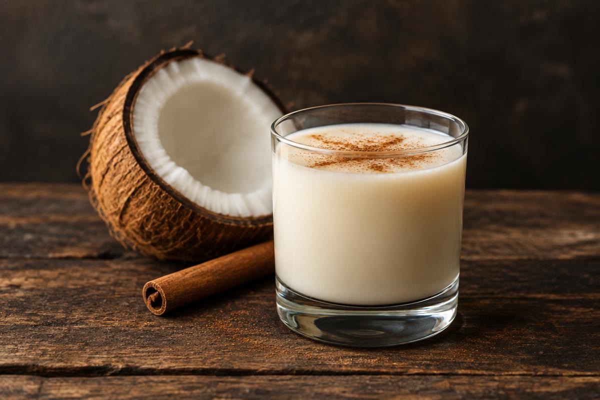 Chilled creamy coquito in a small glass with cinnamon and coconut alongside