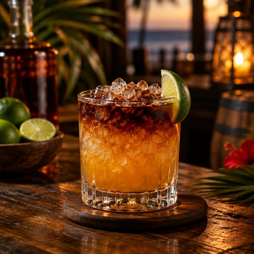 Amber Corn 'n' Oil over crushed ice with a dark rum float and a lime wedge
