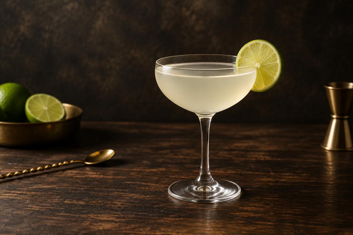 Pale shaken daiquiri in a coupe with a lime wheel