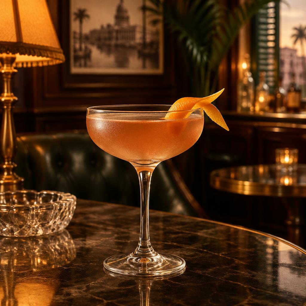 Pale amber-pink El Presidente cocktail in a chilled coupe with an orange twist