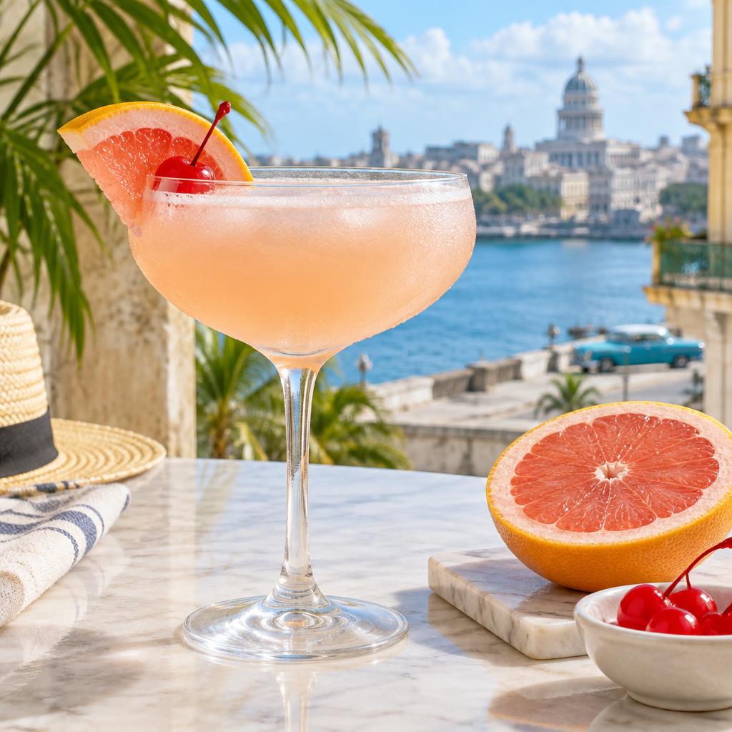 Pale pink Hemingway daiquiri in a large cocktail glass with grapefruit and a maraschino cherry