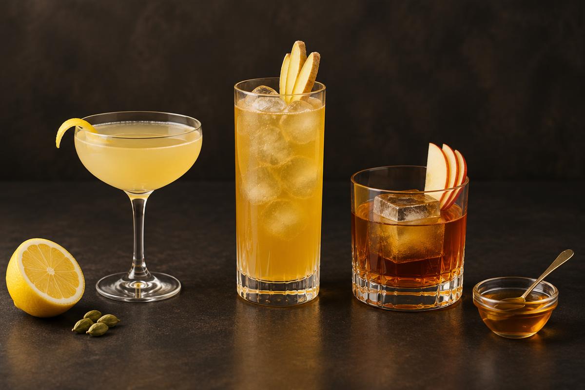 Lemon rum sour, iced ginger highball and apple rum drink beside a bowl of honey
