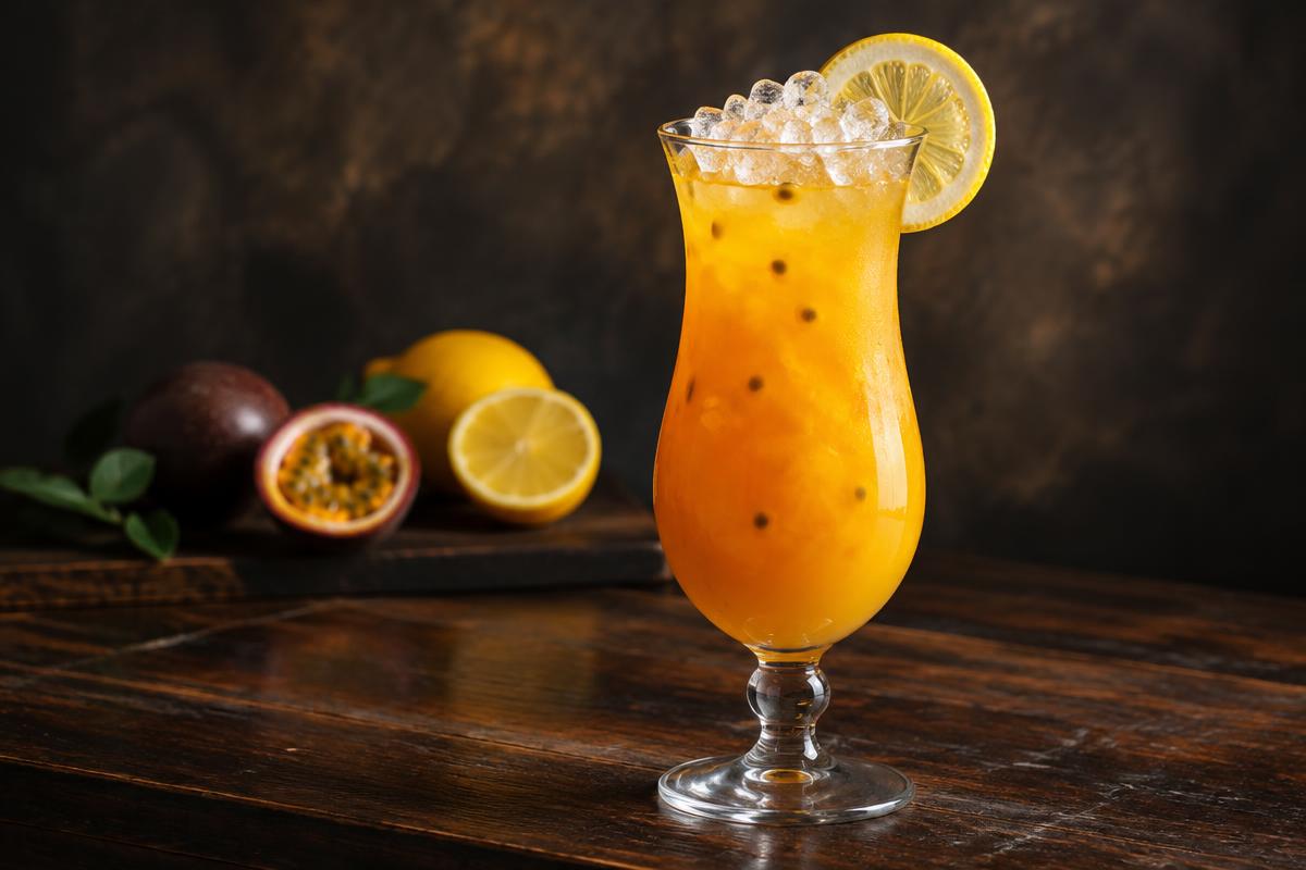 Golden passionfruit Hurricane in a curved glass with lemon garnish