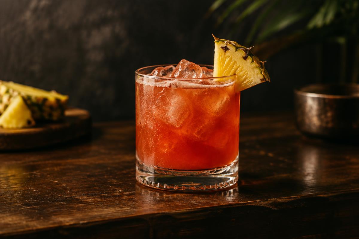 Amber-red Jungle Bird cocktail with pineapple garnish in a rocks glass