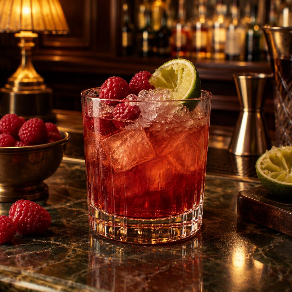 Ruby-tinted Knickerbocker cocktail over ice with raspberries and a squeezed lime shell
