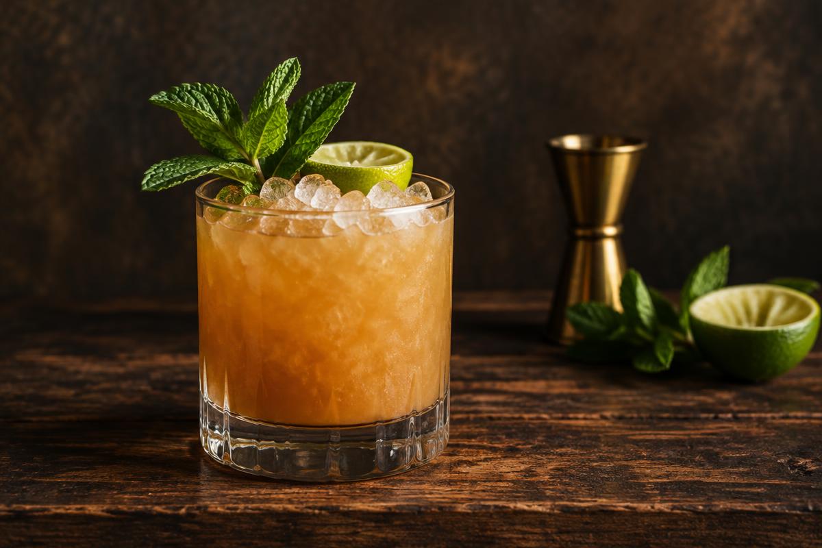 Amber Mai Tai over crushed ice with mint and a lime shell