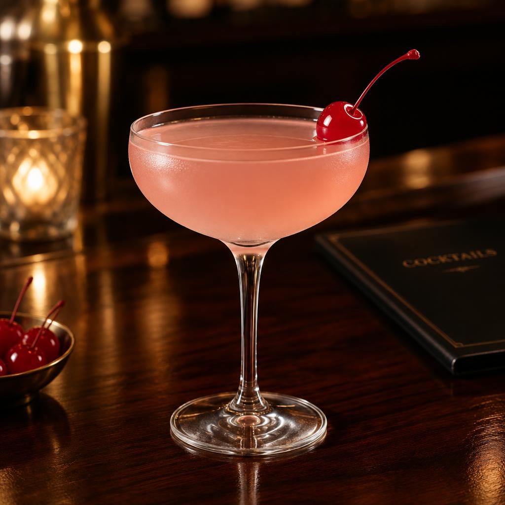 Pale pink Mary Pickford cocktail in a chilled coupe with a maraschino cherry