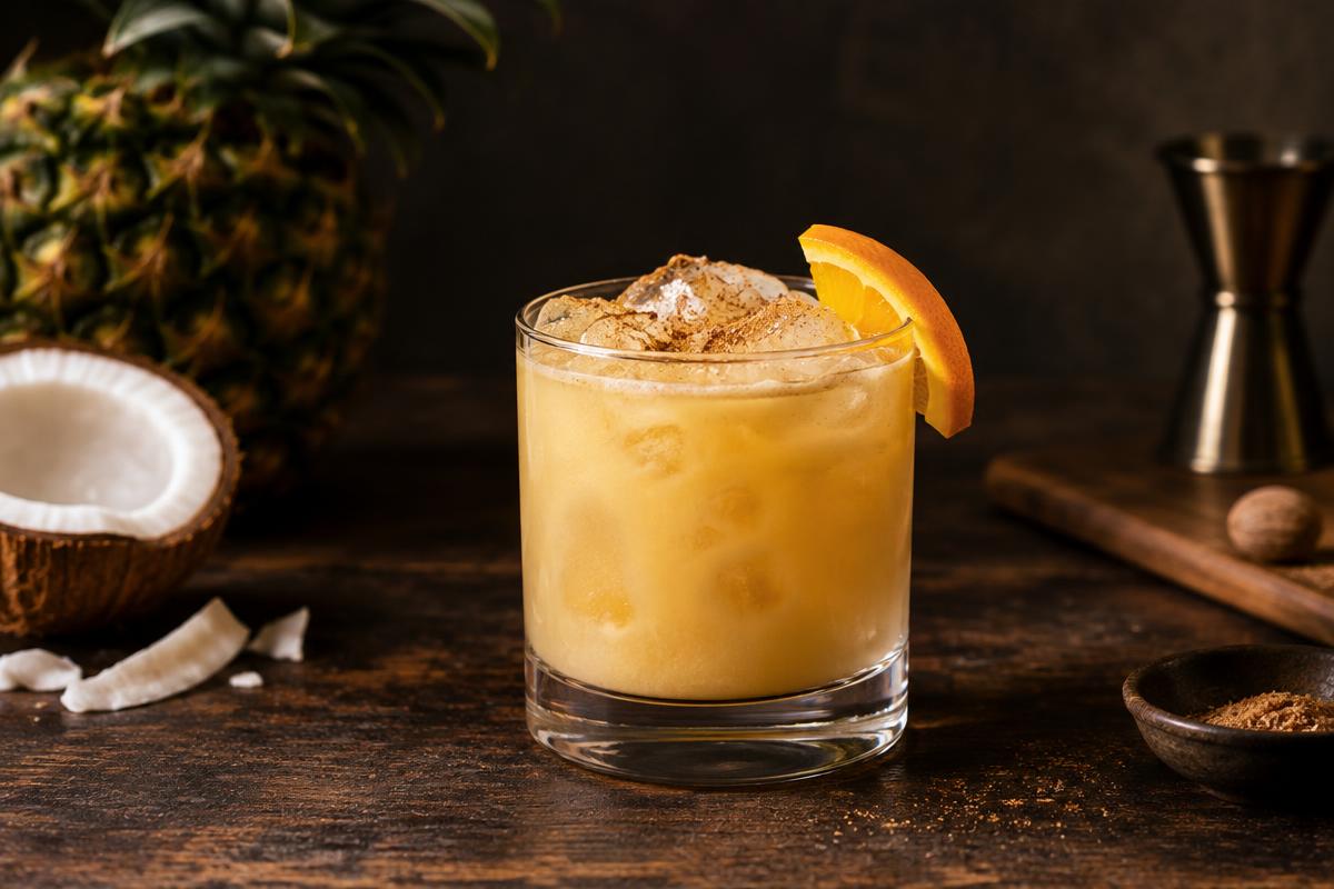 Creamy golden pineapple and coconut cocktail over ice with orange and nutmeg