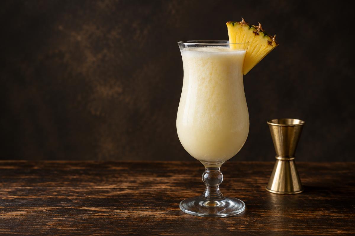 Ivory pineapple and coconut piña colada in a hurricane glass with a pineapple wedge