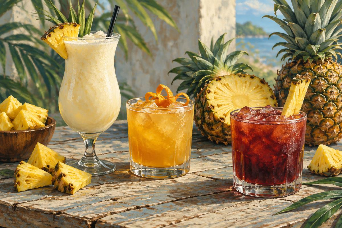 Pineapple rum drinks with a piña colada, golden punch and dark red Rum Runner beside fresh pineapple