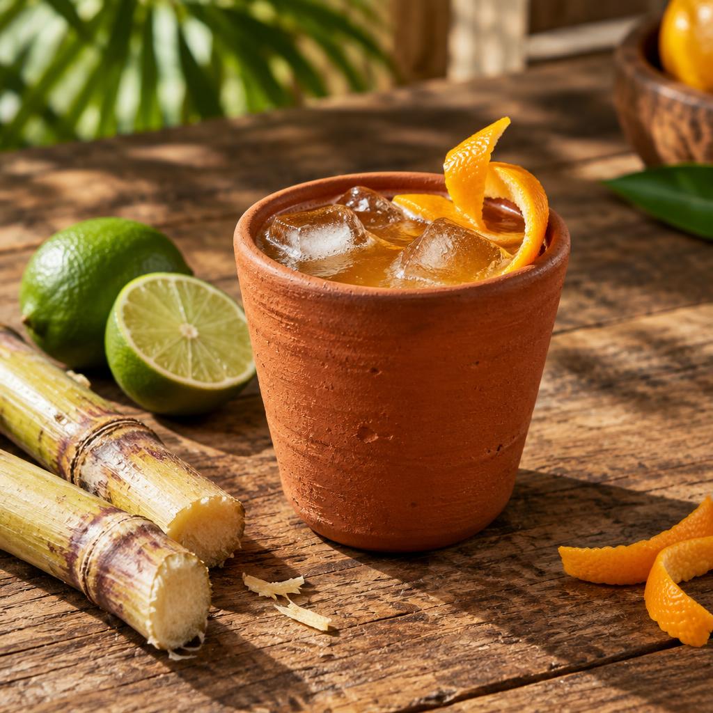 Planter's Punch in a small terracotta tumbler over ice with orange zest, lime and sugar cane