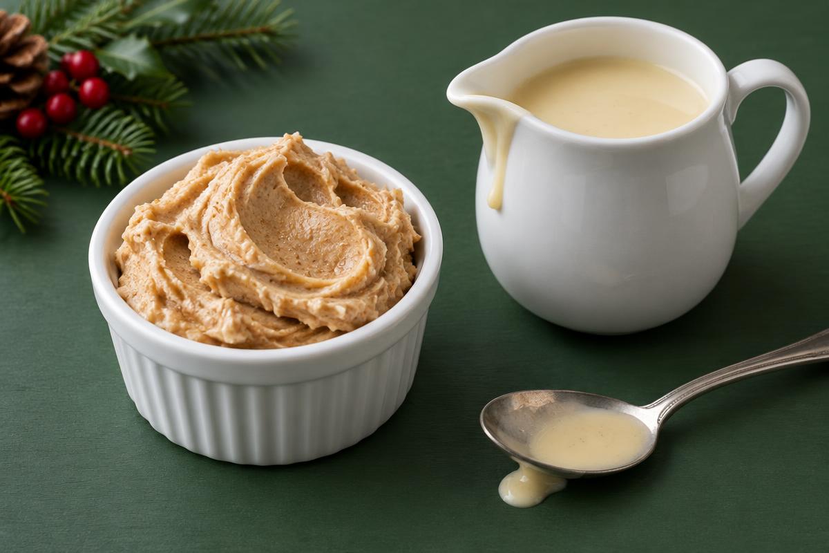 Brown-sugar rum butter in a ramekin beside a jug of pale rum sauce