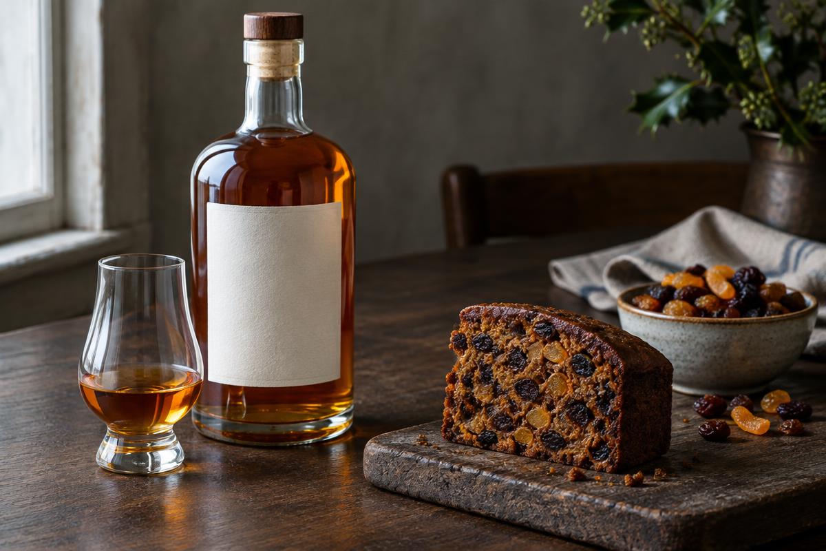 Unbranded amber rum bottle beside a slice of dried-fruit cake and a bowl of raisins