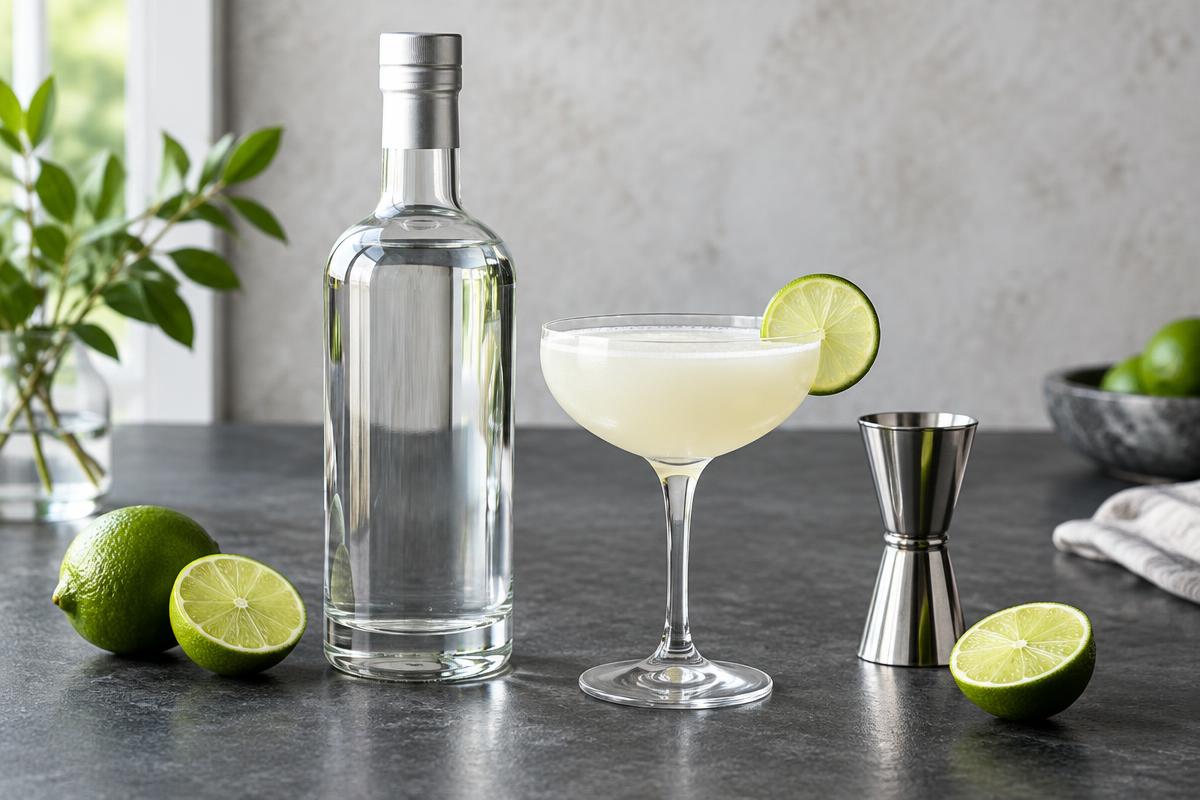 Unbranded white rum bottle beside a pale daiquiri in a coupe, limes and a metal measure