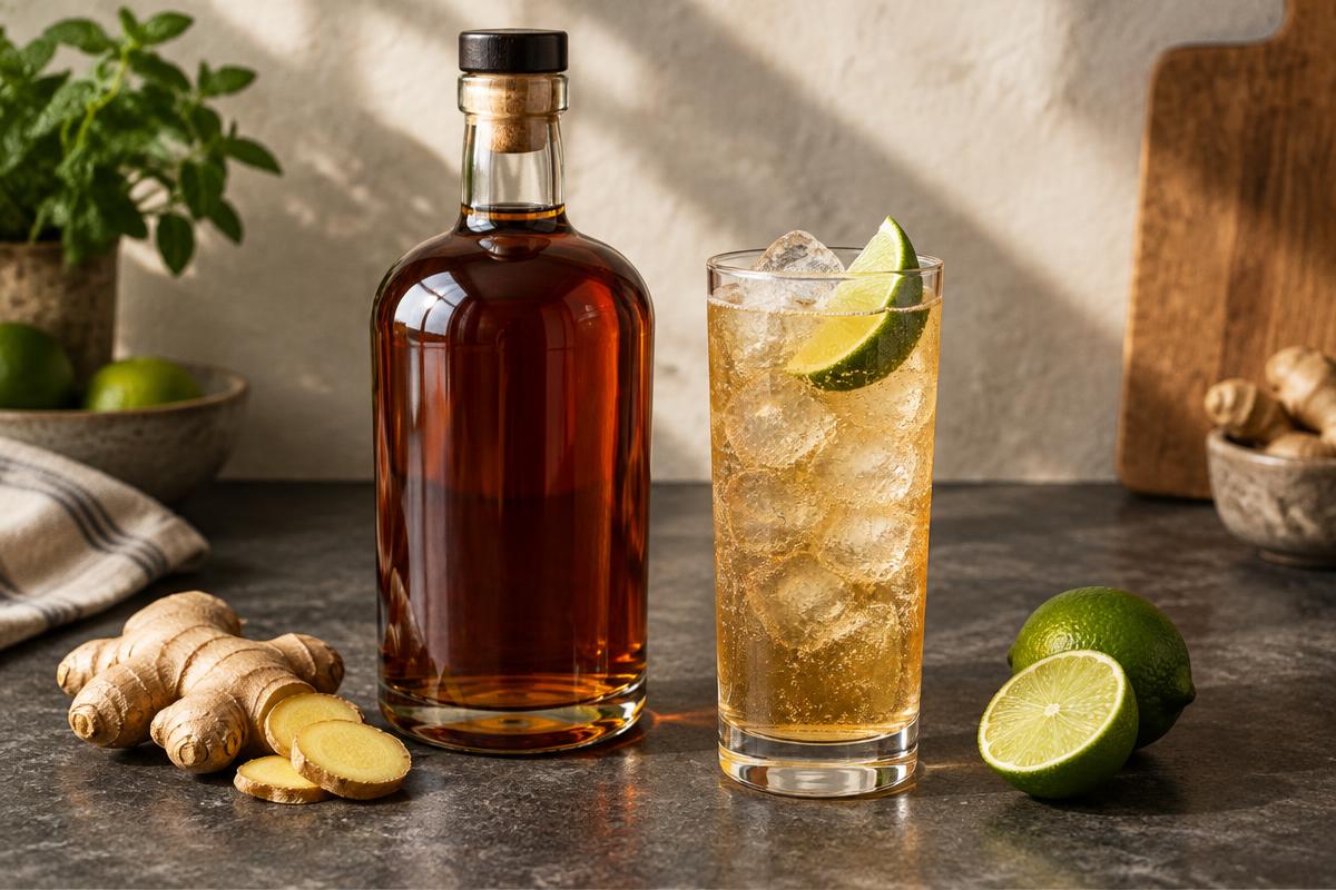 Unbranded dark amber rum bottle beside a ginger-beer highball, fresh ginger and lime
