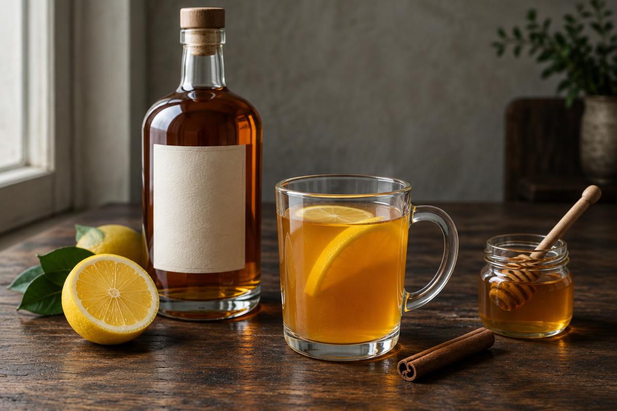 Unbranded amber rum bottle with a heatproof lemon drink, honey and cinnamon