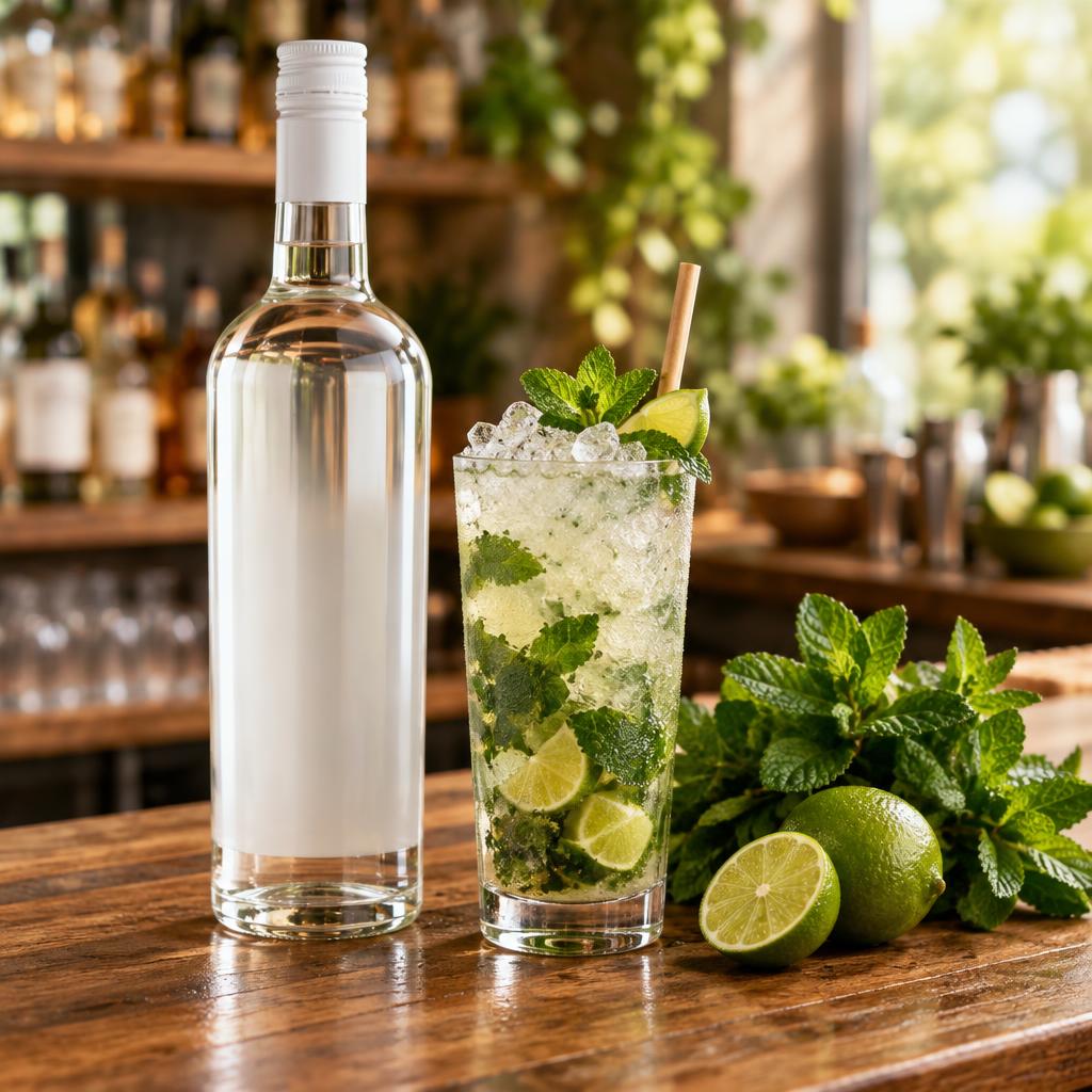 Unbranded white rum bottle beside a crushed-ice mojito with mint and limes
