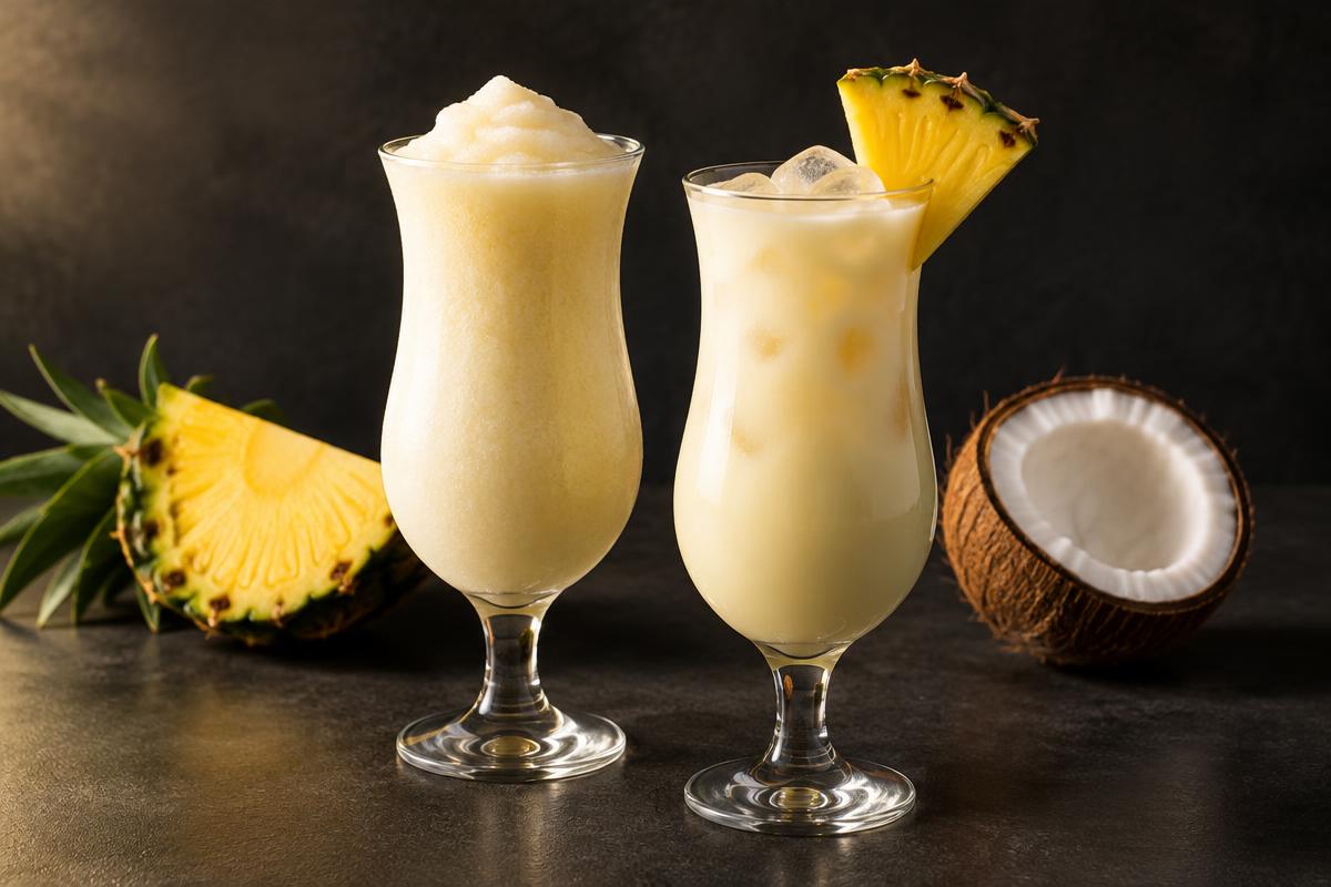Frozen and iced piña coladas beside fresh pineapple and a halved coconut