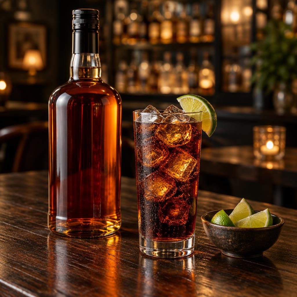 Unbranded amber rum bottle beside a tall rum-and-cola highball with ice and lime