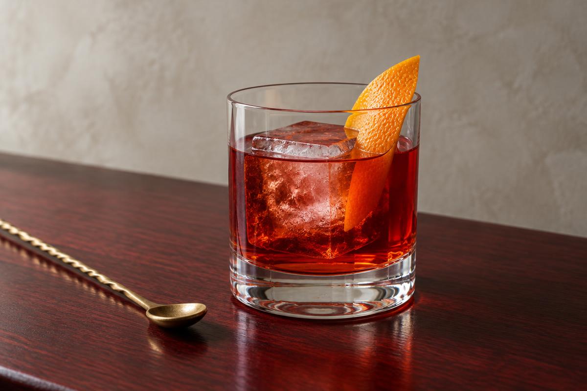 Ruby-red rum Negroni over a large ice cube with orange peel