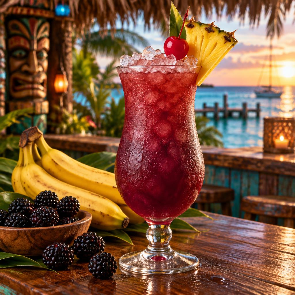 Deep red Rum Runner in a hurricane glass over crushed ice with pineapple, banana and blackberries