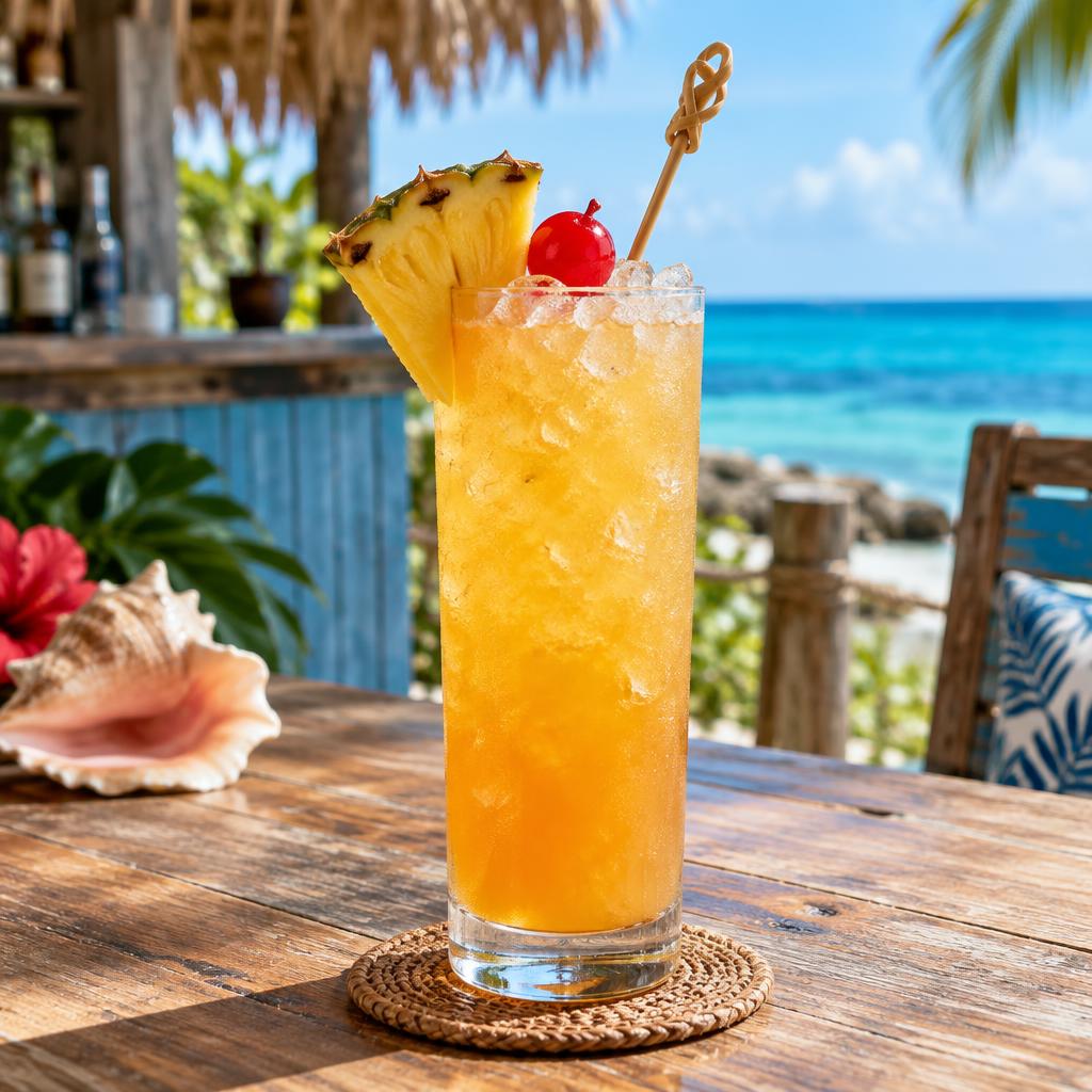 Golden-orange Bermuda rum swizzle in a tall glass of crushed ice with pineapple and a cherry