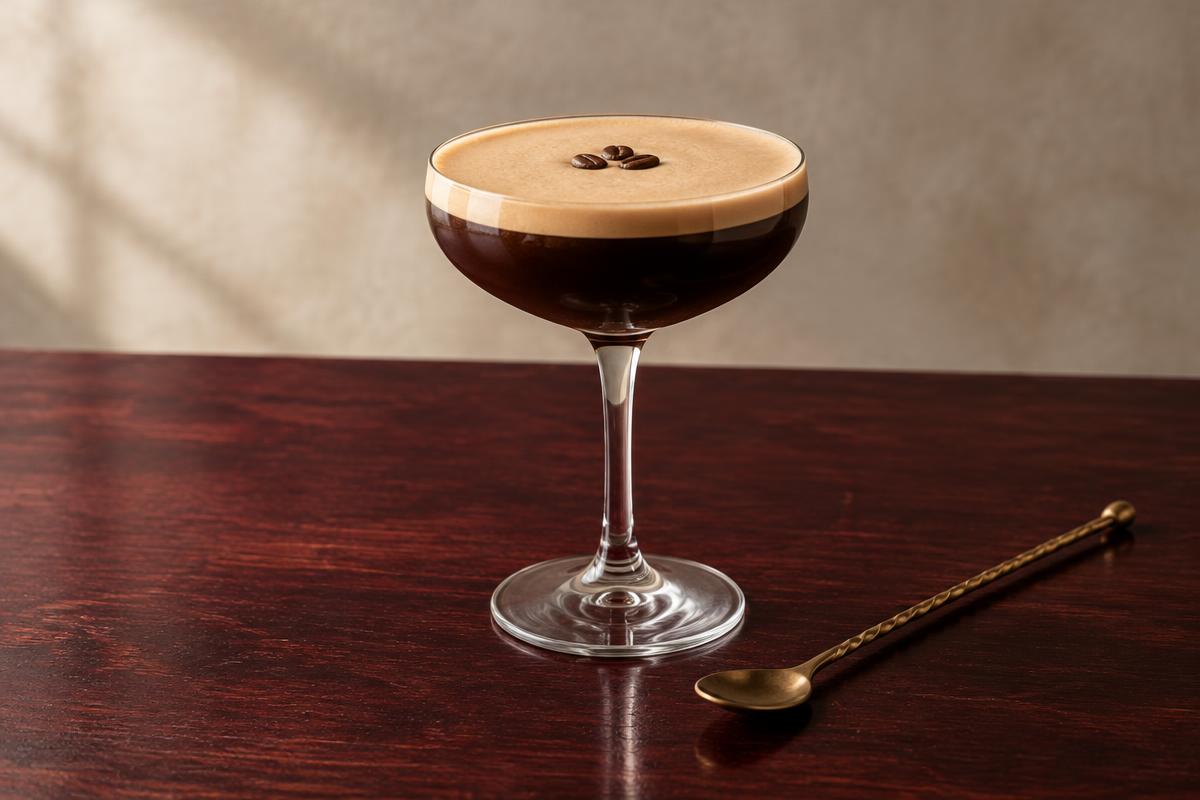Espresso martini in a coupe with coffee crema and three coffee beans