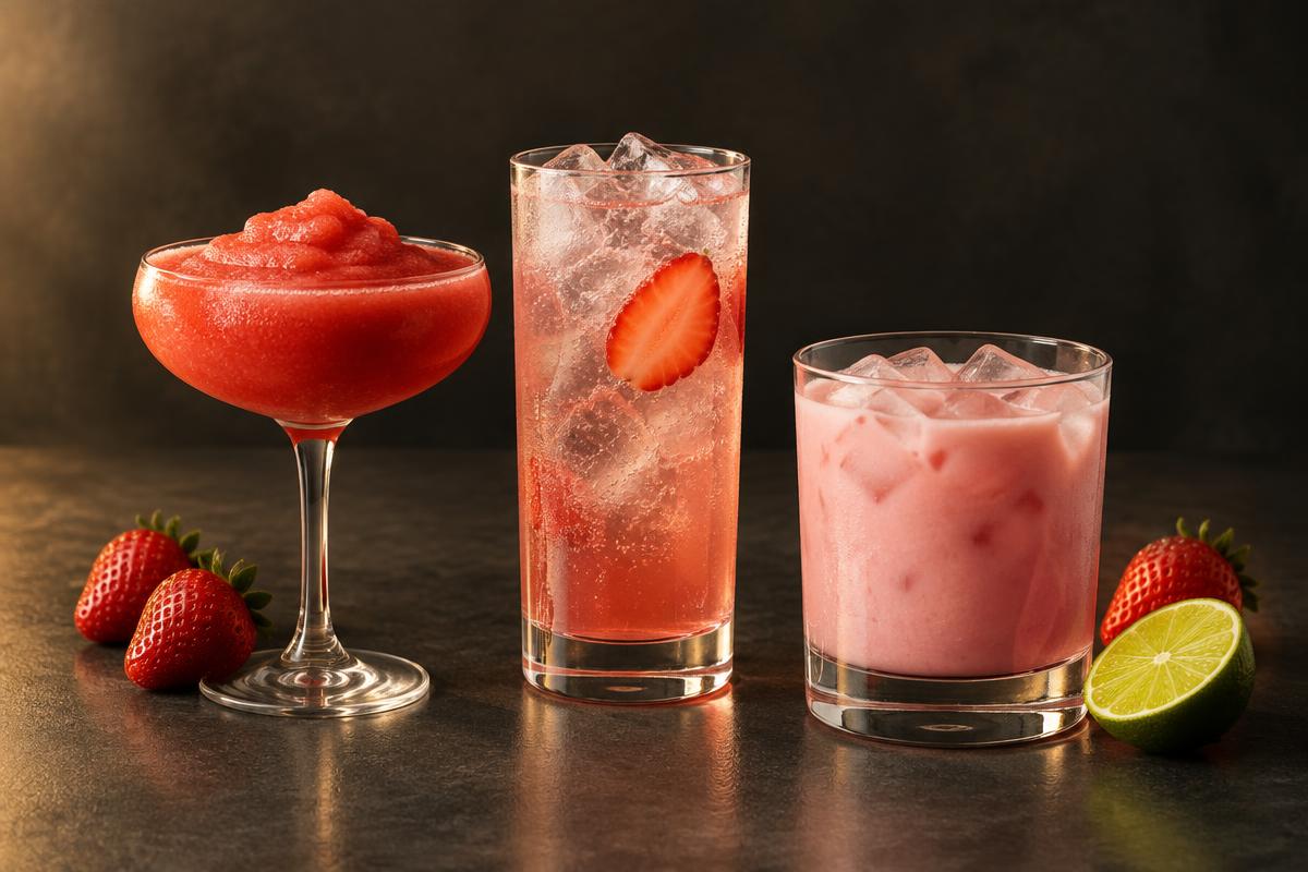 Frozen strawberry daiquiri, strawberry soda highball and pink coconut rum drink beside fresh berries