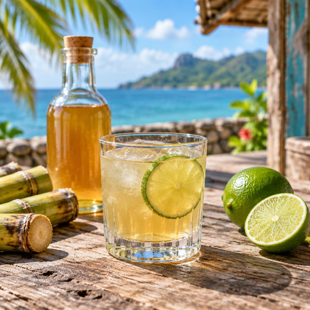 Ti' Punch in a small glass with a lime disc, sugar cane syrup and fresh limes
