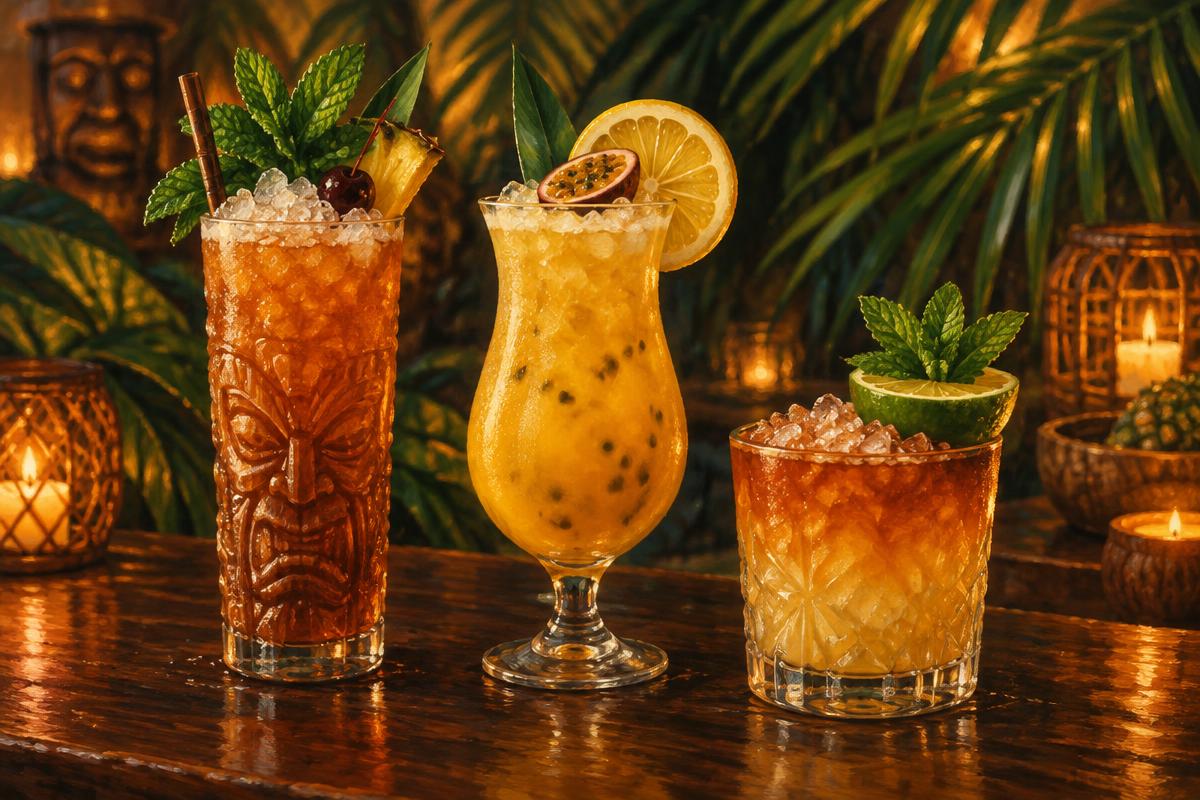 Three tiki-style rum cocktails over crushed ice with mint, pineapple and citrus garnishes