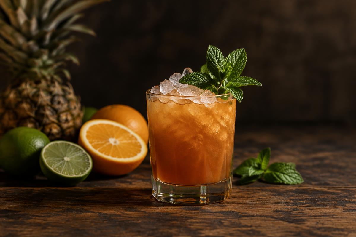 Amber Zombie cocktail over crushed ice with mint in a small glass